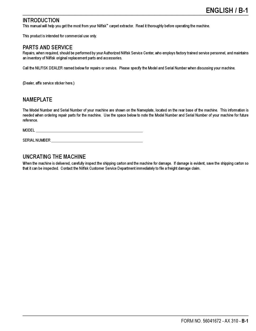 Nilfisk-Advance America AX 310 manual English / B-1, Introduction, Parts and Service, Nameplate, Uncrating the Machine 