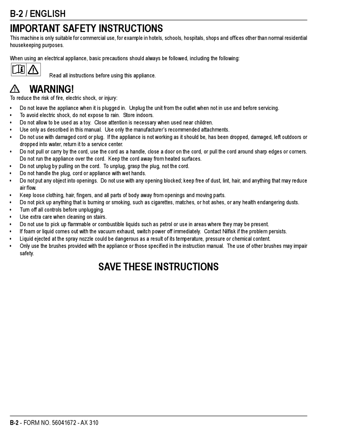 Nilfisk-Advance America AX 310 manual Important Safety Instructions, English 