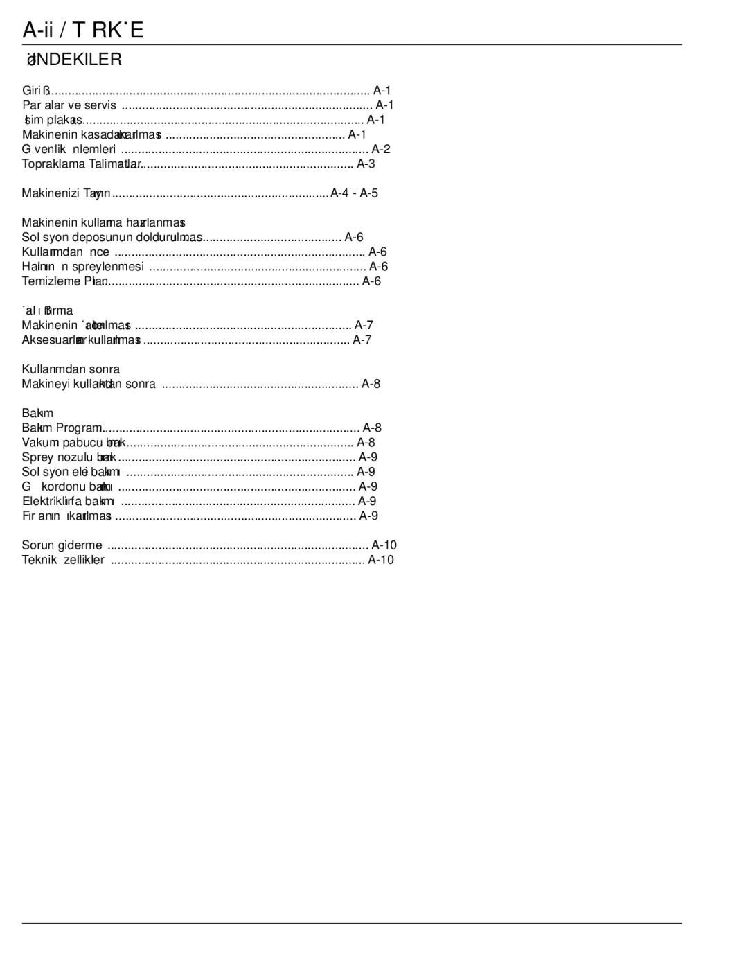 Nilfisk-Advance America AX 310 manual Ii / Türkçe, İçindekiler 