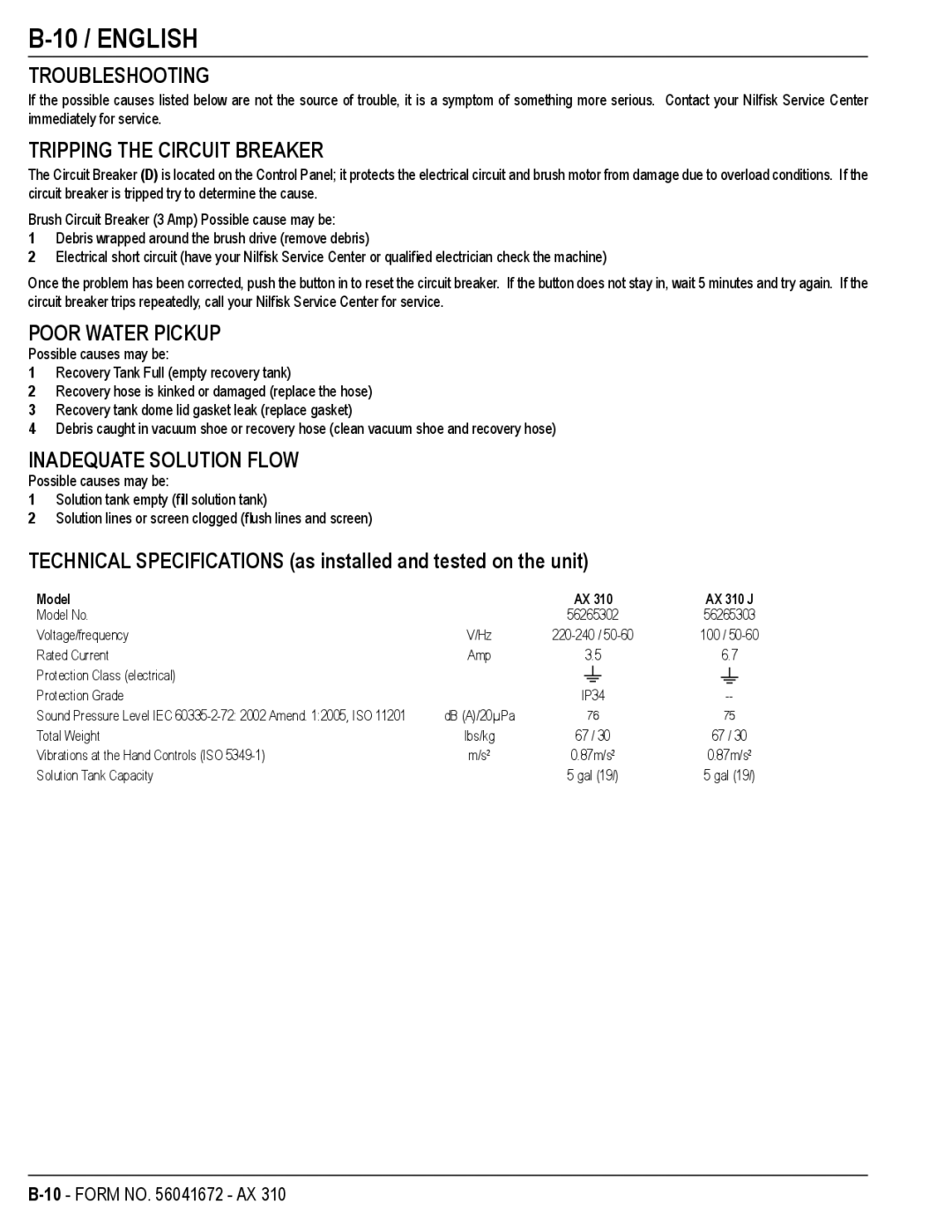 Nilfisk-Advance America AX 310 manual 10 / English, Troubleshooting, Tripping the Circuit Breaker, Poor Water Pickup 