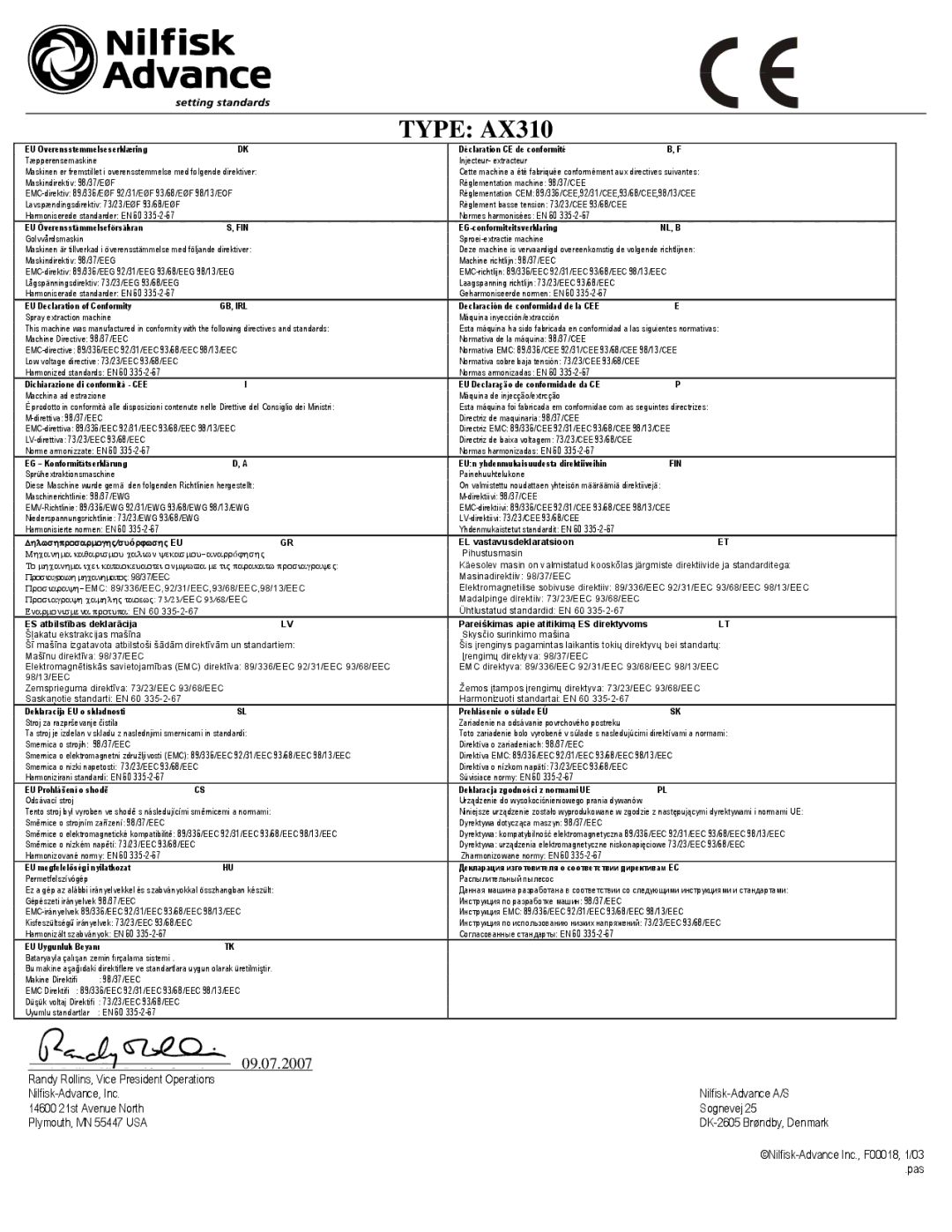 Nilfisk-Advance America AX 310 manual Type AX310 