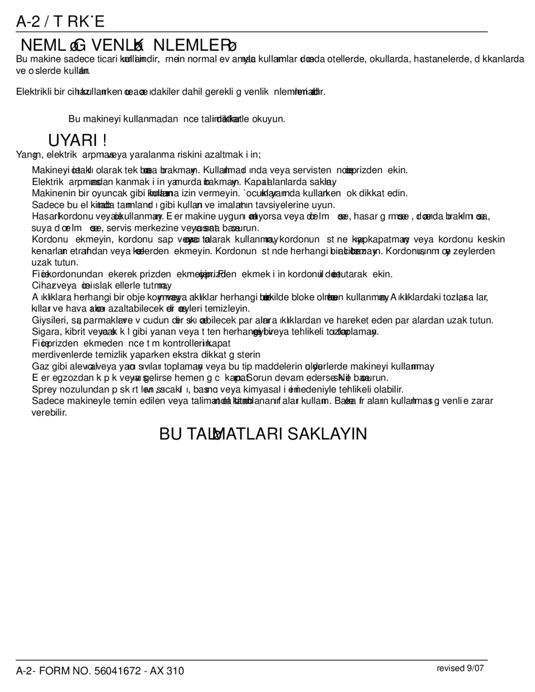 Nilfisk-Advance America AX 310 manual Önemlİ Güvenlİk Önlemlerİ, Uyari, BU Talİmatlari Saklayin, Türkçe 