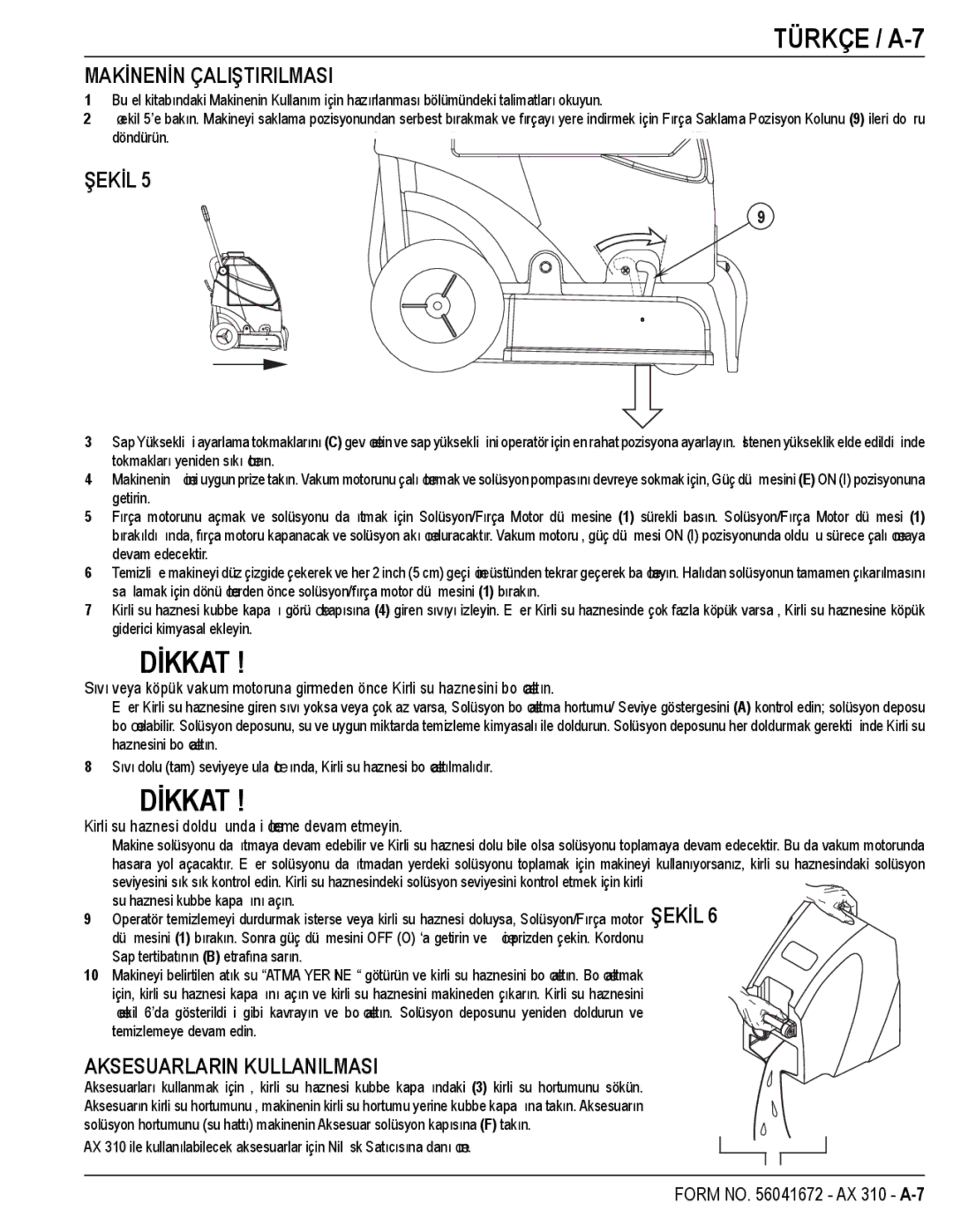 Nilfisk-Advance America AX 310 manual Türkçe / A-7, Makİnenİn Çaliştirilmasi, Şekİl, Aksesuarlarin Kullanilmasi 