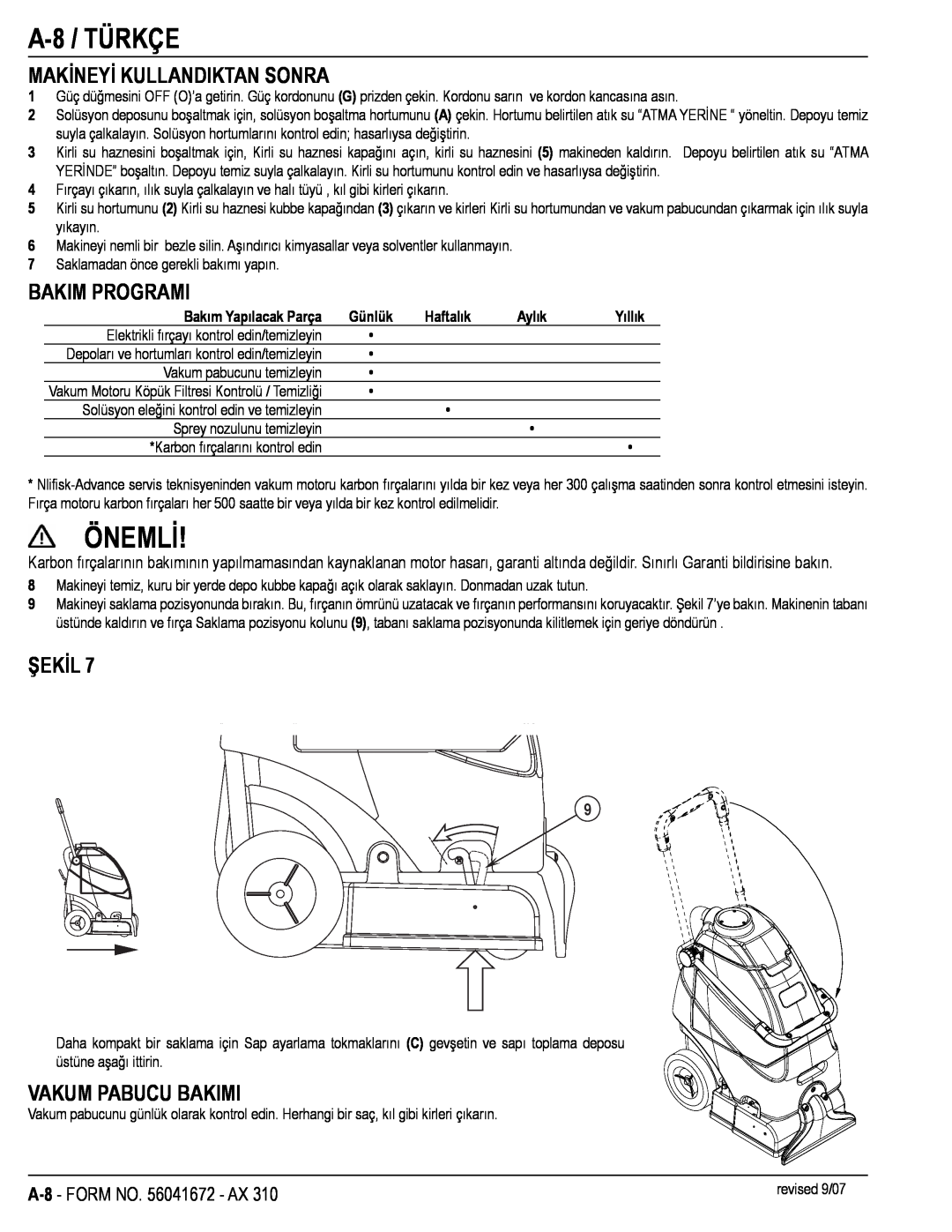Nilfisk-Advance America AX 310 manual Önemli, A-8 /TÜRKÇE, Makineyi Kullandiktan Sonra, Bakim Programi, Vakum Pabucu Bakimi 
