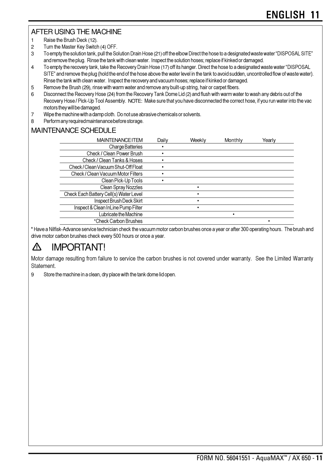 Nilfisk-Advance America AX 650 manual After Using the Machine, Maintenance Schedule, Weekly Monthly Yearly 