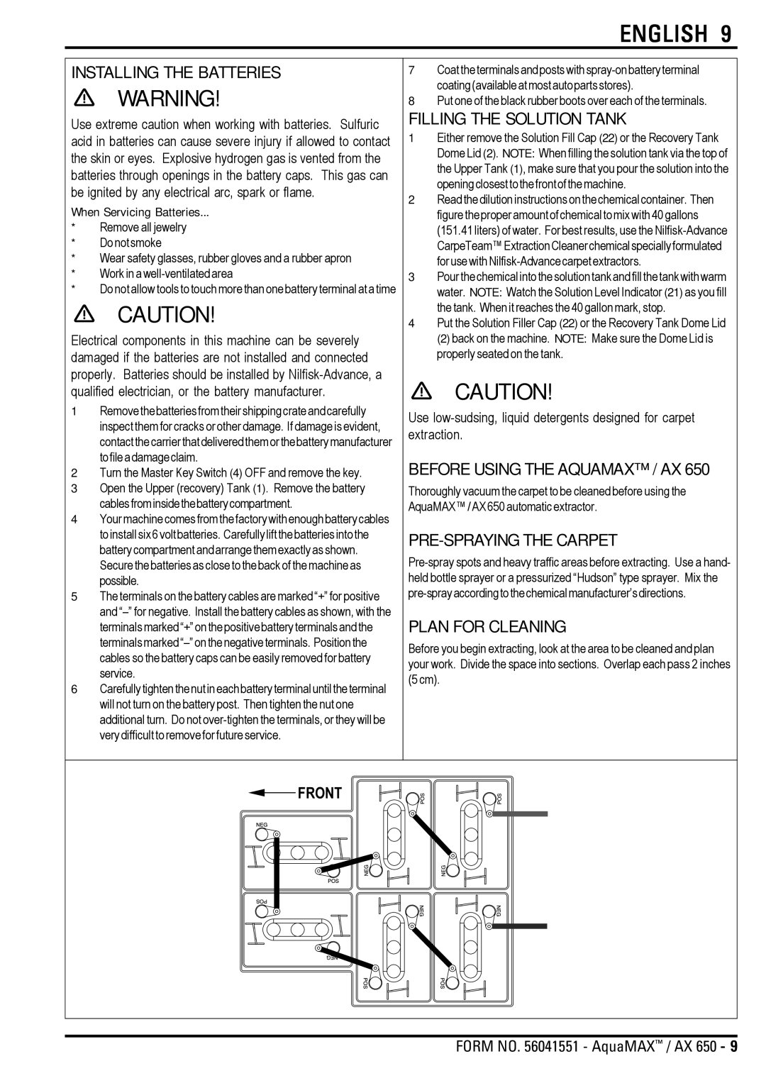 Nilfisk-Advance America AX 650 manual Installing the Batteries, Filling the Solution Tank, Before Using the Aquamax / AX 