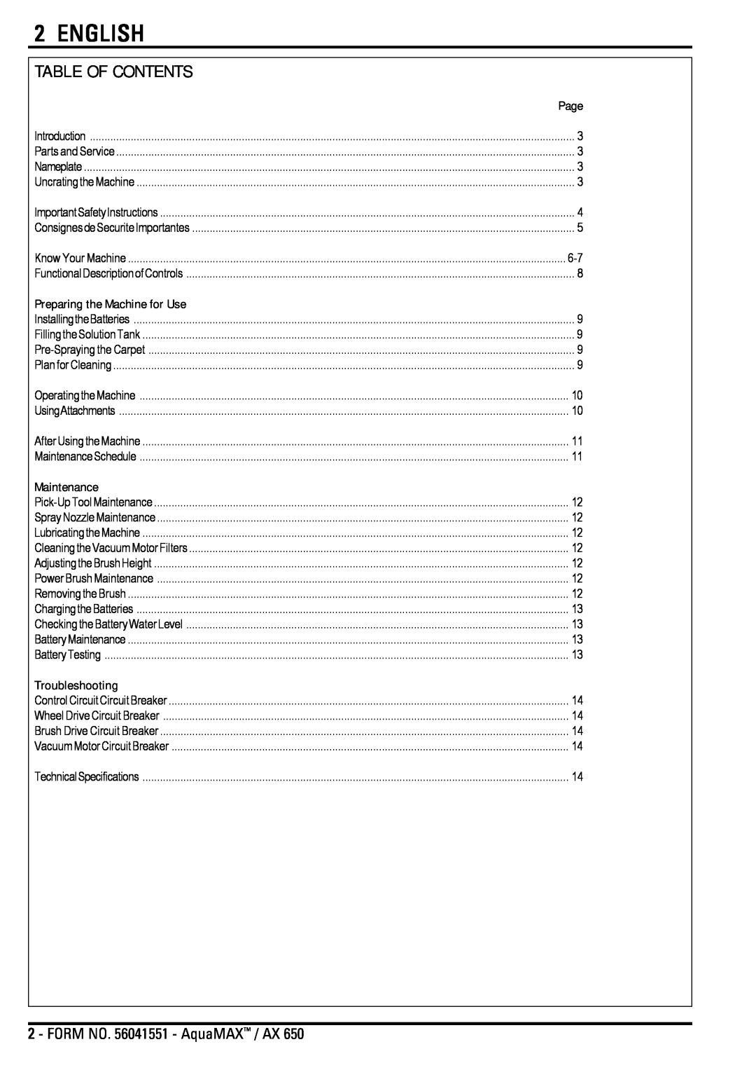 Nilfisk-Advance America AX 650 manual English, Table Of Contents, FORM NO. 56041551 - AquaMAX / AX 