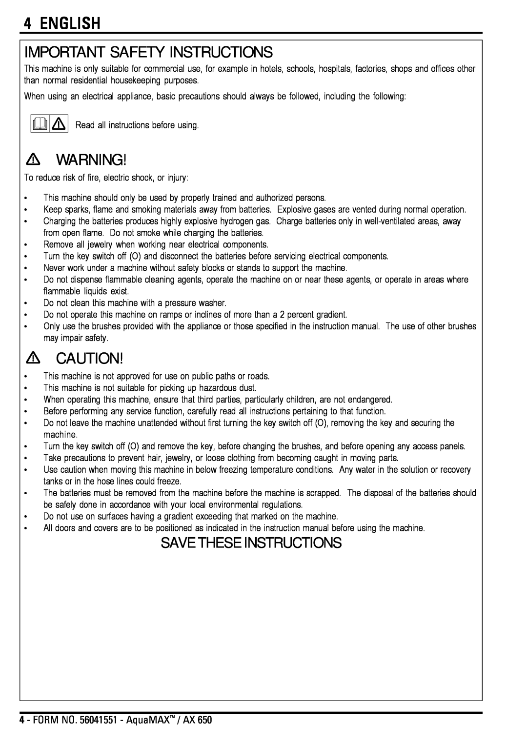 Nilfisk-Advance America AX 650 manual Important Safety Instructions, English, Save These Instructions 