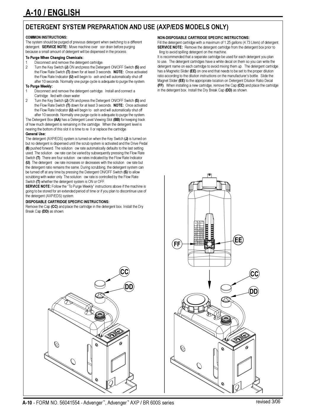 Nilfisk-Advance America BR 600S Series manual 10 / English, Detergent System Preparation and USE AXP/EDS Models only 