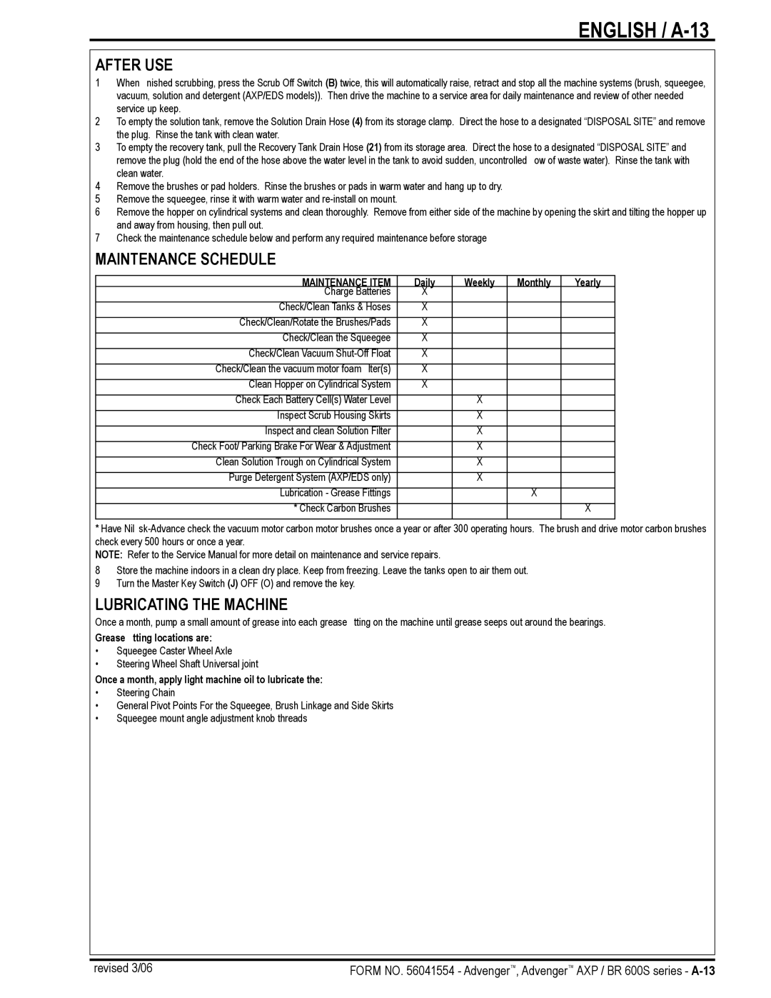 Nilfisk-Advance America BR 600S Series manual English / A-13, After USE, Maintenance Schedule, Lubricating the Machine 