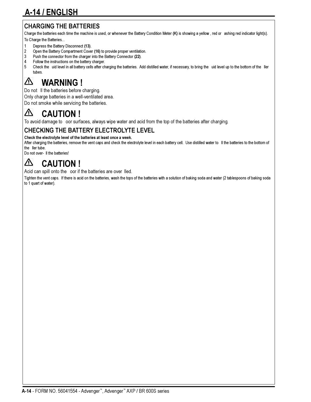 Nilfisk-Advance America BR 600S Series manual 14 / English, Charging the Batteries, Checking the Battery Electrolyte Level 