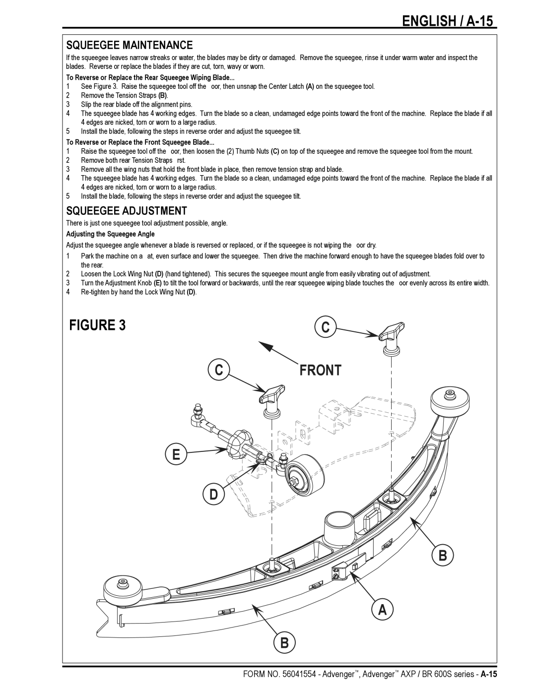 Nilfisk-Advance America BR 600S Series manual English / A-15, Squeegee Maintenance, Squeegee Adjustment 