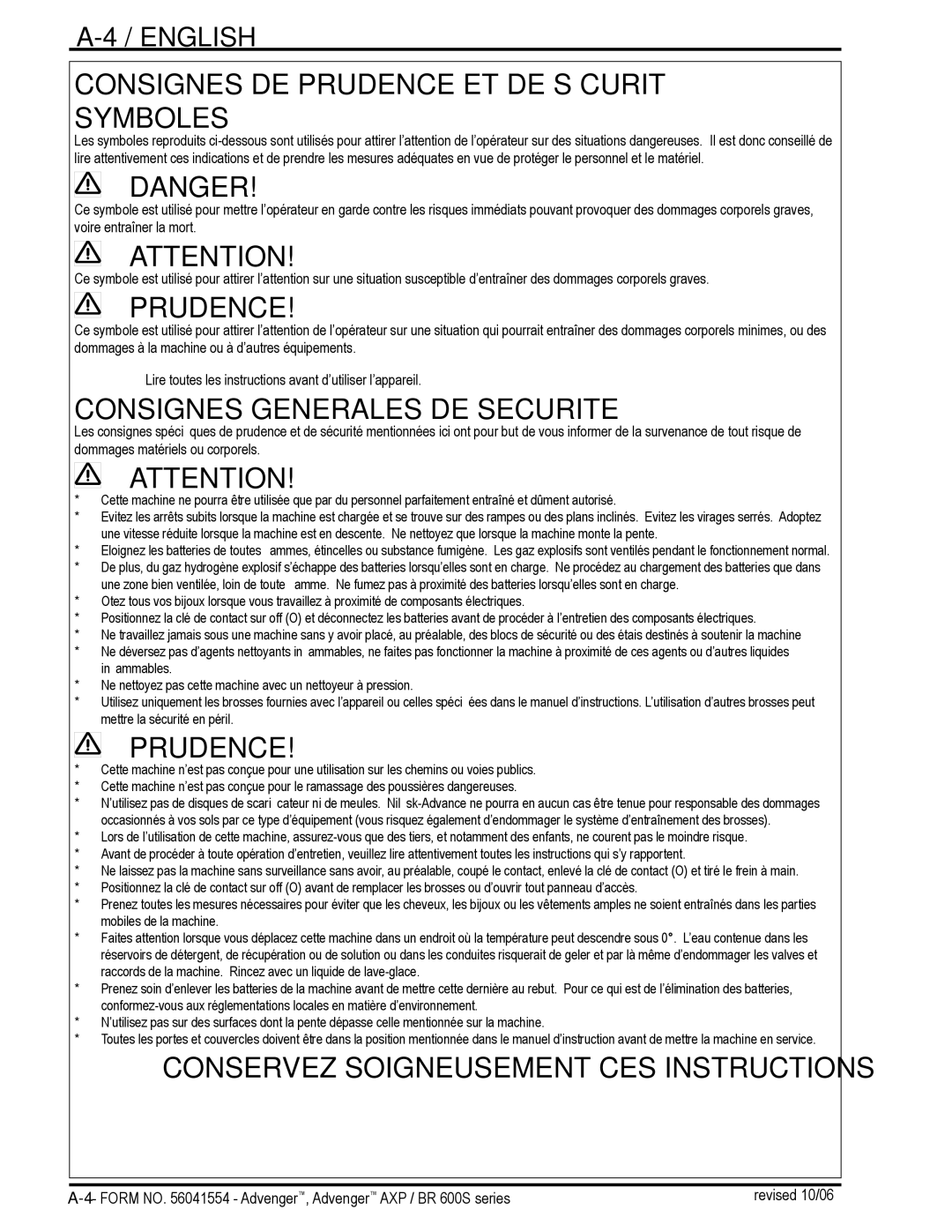 Nilfisk-Advance America BR 600S Series manual Consignes DE Prudence ET DE Sécurité Symboles 