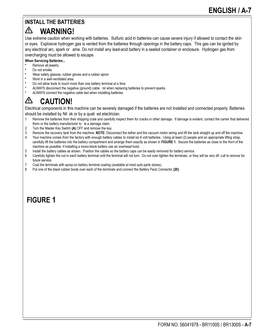 Nilfisk-Advance America BR1100S manual English / A-7, Install the Batteries, When Servicing Batteries 