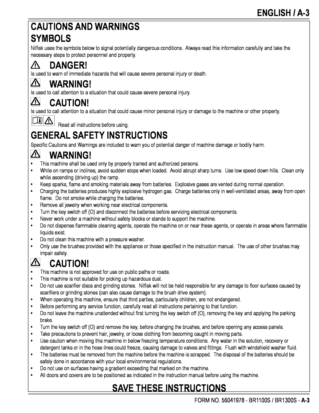 Nilfisk-Advance America BR1100S manual Cautions And Warnings Symbols, Danger, General Safety Instructions, ENGLISH / A-3 