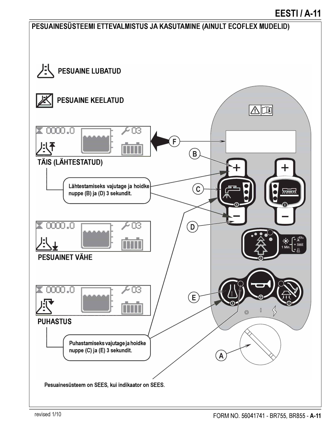 Nilfisk-Advance America BR755C, BR855 manual Eesti / A-11, Pesuainet Vähe Puhastus 