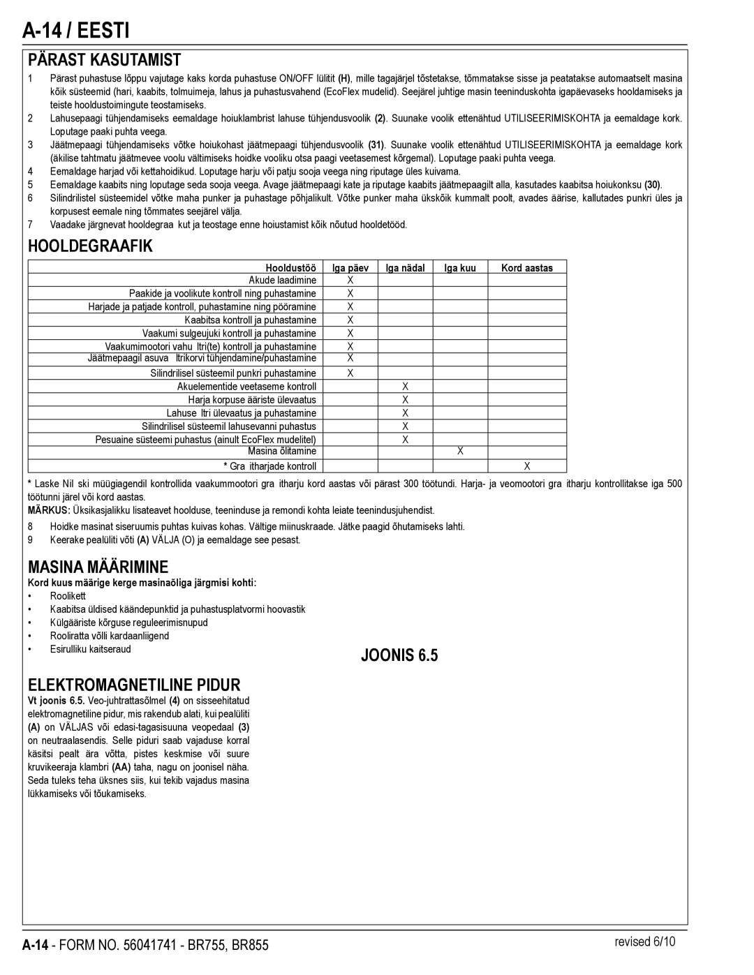 Nilfisk-Advance America BR755C 14 / Eesti, Pärast Kasutamist, Hooldegraafik, Masina Määrimine, Elektromagnetiline Pidur 