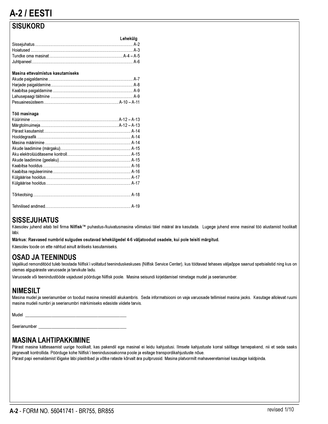 Nilfisk-Advance America BR755C, BR855 manual Eesti 