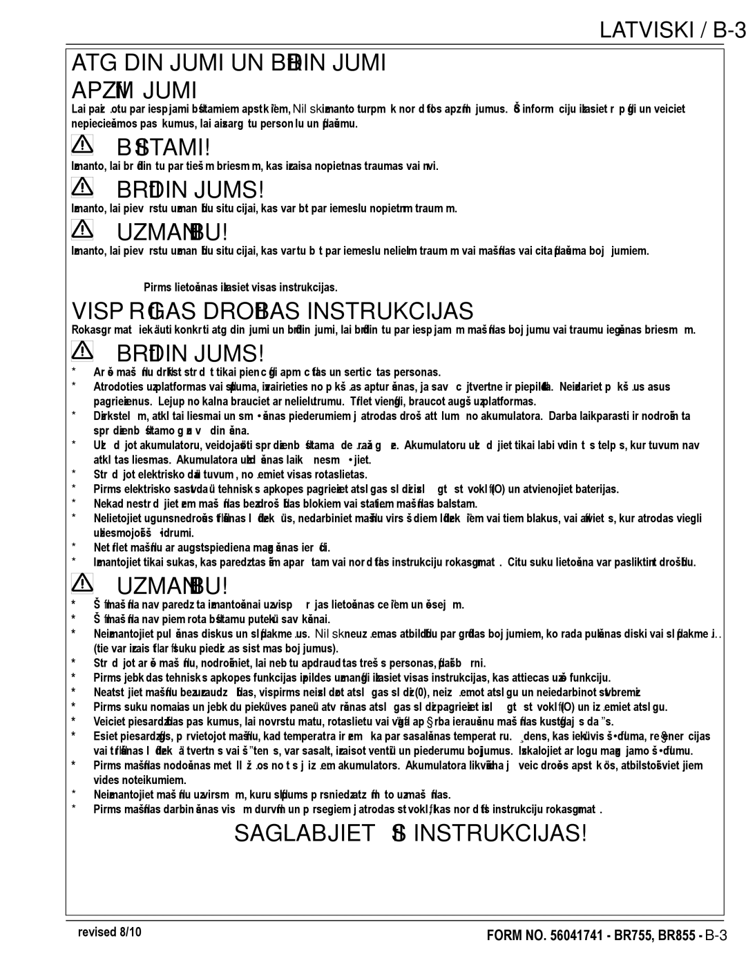 Nilfisk-Advance America BR855, BR755C manual Atgādinājumi UN Brīdinājumi Apzīmējumi, Bīstami, Brīdinājums, Uzmanību 