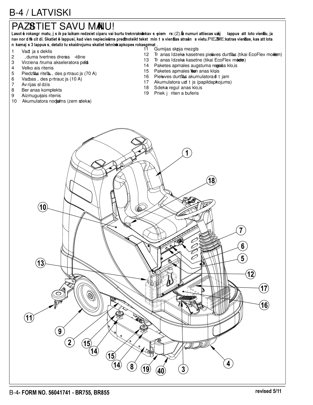 Nilfisk-Advance America BR855, BR755C manual Pazīstiet Savu Mašīnu 