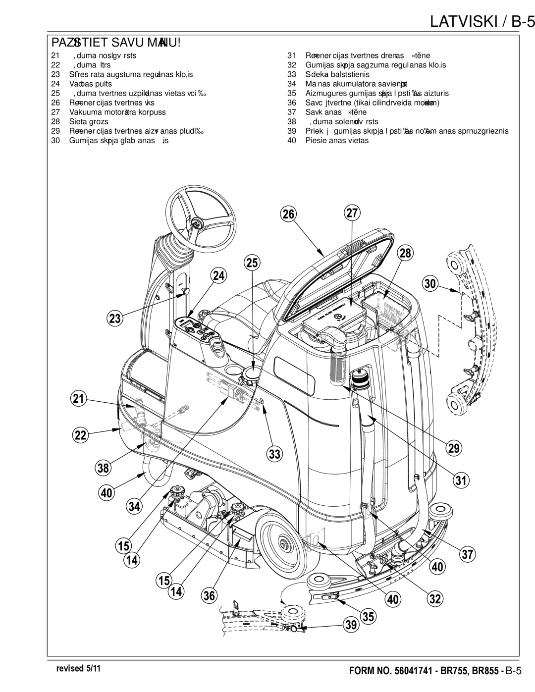 Nilfisk-Advance America BR755C, BR855 manual Latviski / B-5, Pazīstiet Savu Mašīnu 