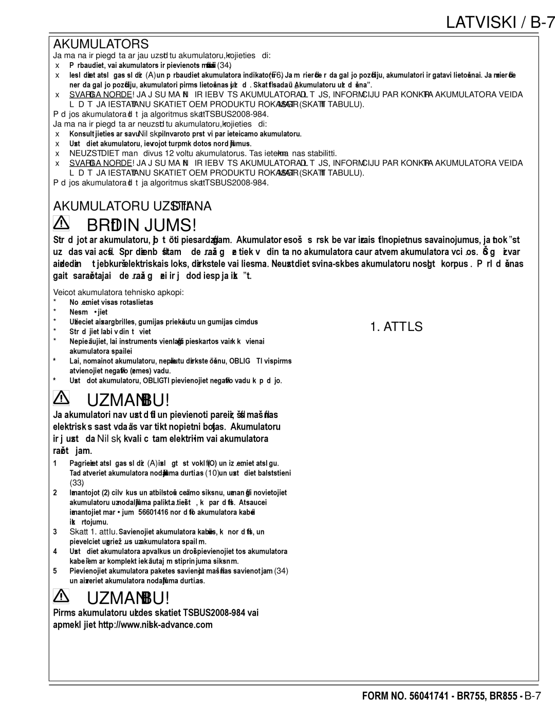 Nilfisk-Advance America BR855, BR755C manual Latviski / B-7, Akumulators, Akumulatoru Uzstādīšana, Attēls 