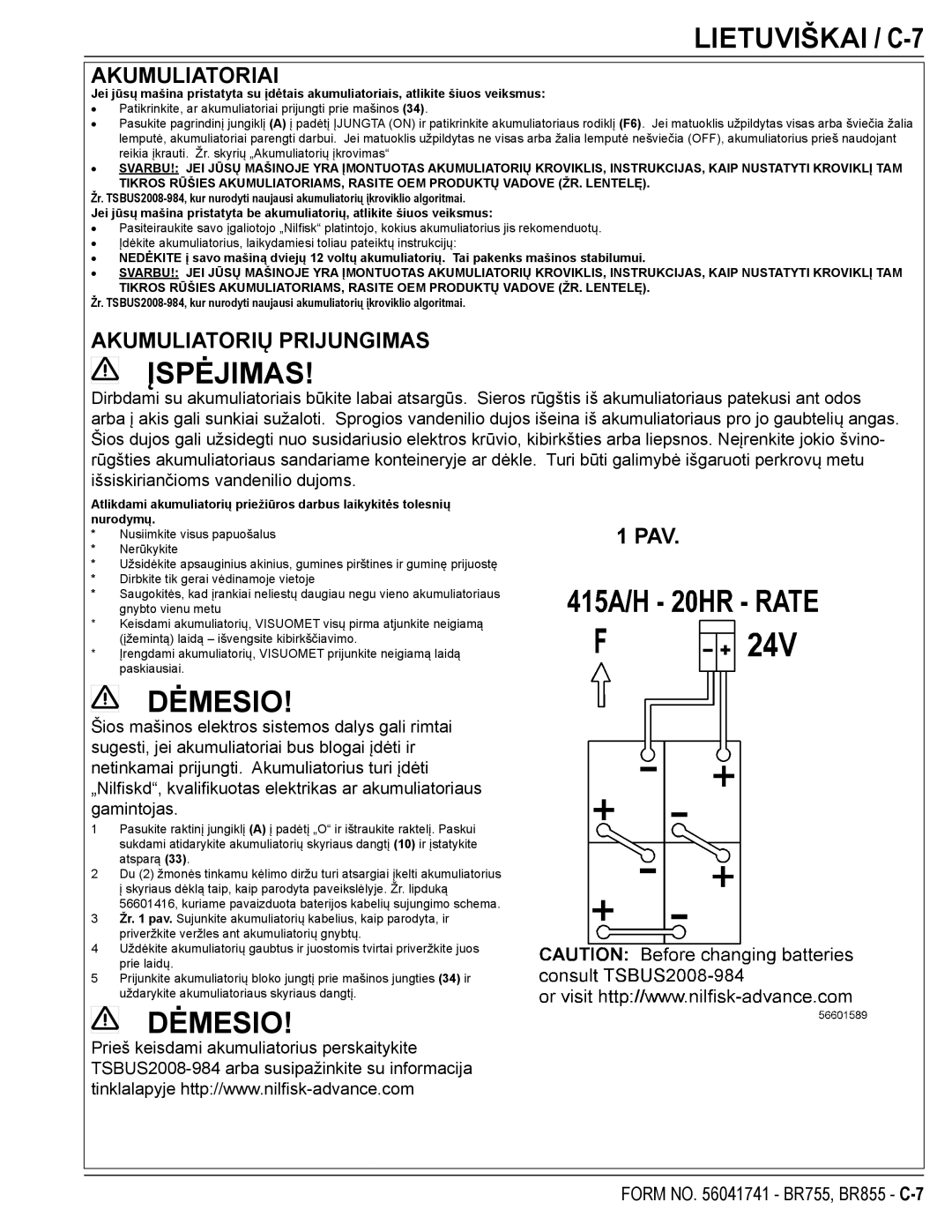 Nilfisk-Advance America BR855, BR755C manual Lietuviškai / C-7, Akumuliatoriai, Akumuliatorių Prijungimas 