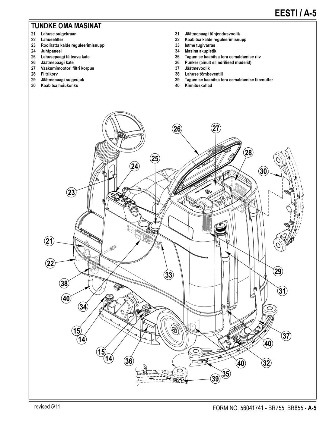 Nilfisk-Advance America BR755C, BR855 manual Eesti / A-5, Tundke OMA Masinat 