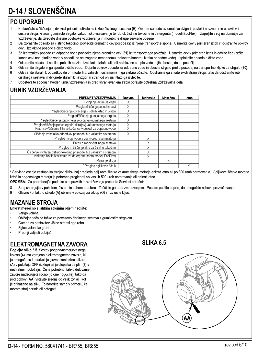 Nilfisk-Advance America BR755C 14 / Slovenščina, PO Uporabi, Urnik Vzdrževanja, Mazanje Stroja, Elektromagnetna Zavora 