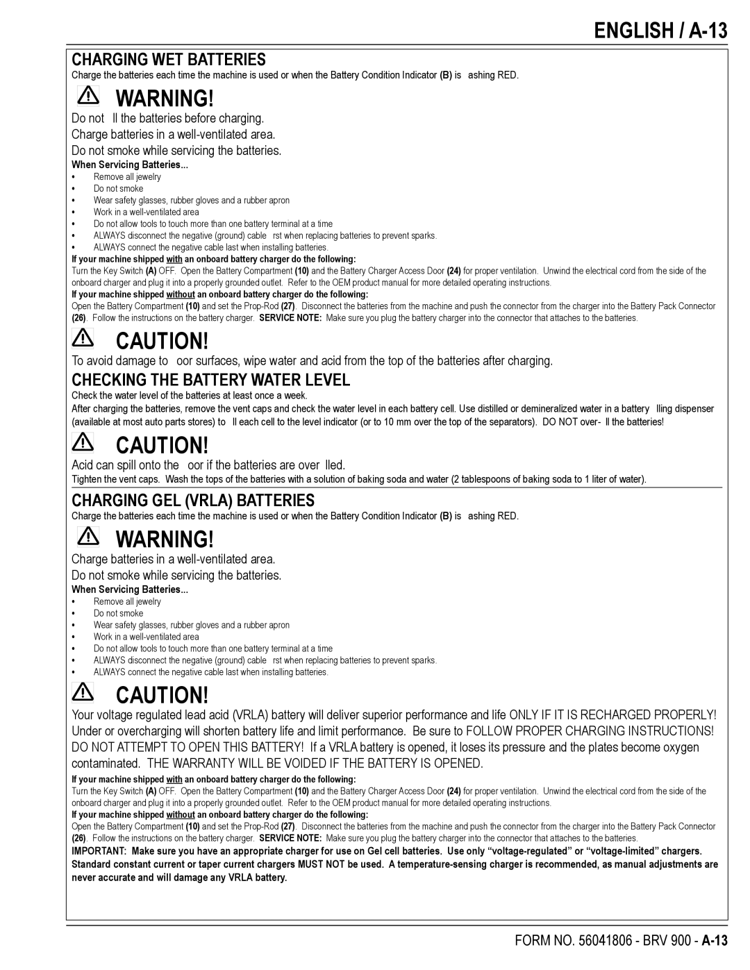 Nilfisk-Advance America BRV 900 manual English / A-13, Charging WET Batteries, Checking the Battery Water Level 