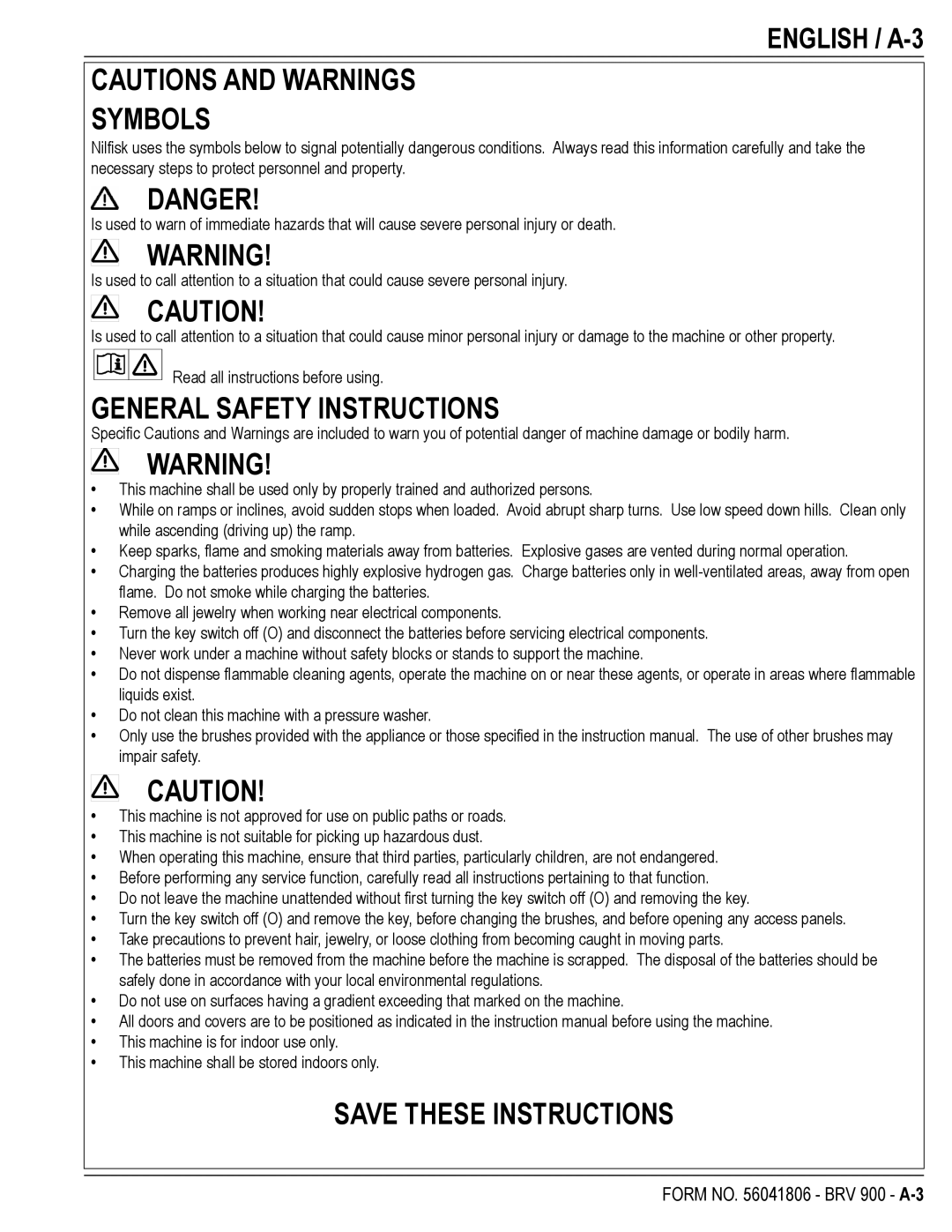 Nilfisk-Advance America BRV 900 manual Symbols, English / A-3 