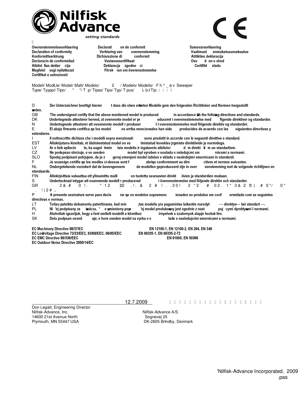 Nilfisk-Advance America BRV 900 manual Year of Affixing the CE marking 