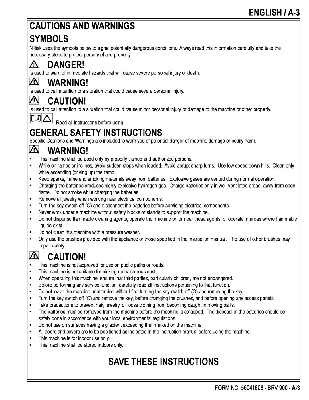 Nilfisk-Advance America BRV 900 manual Cautions And Warnings Symbols, Danger, General Safety Instructions, ENGLISH / A-3 
