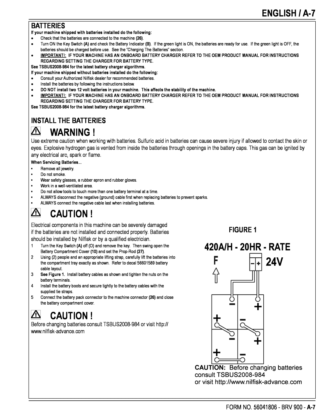 Nilfisk-Advance America manual ENGLISH / A-7, Install The Batteries, FORM NO. 56041806 - BRV 900 - A-7 