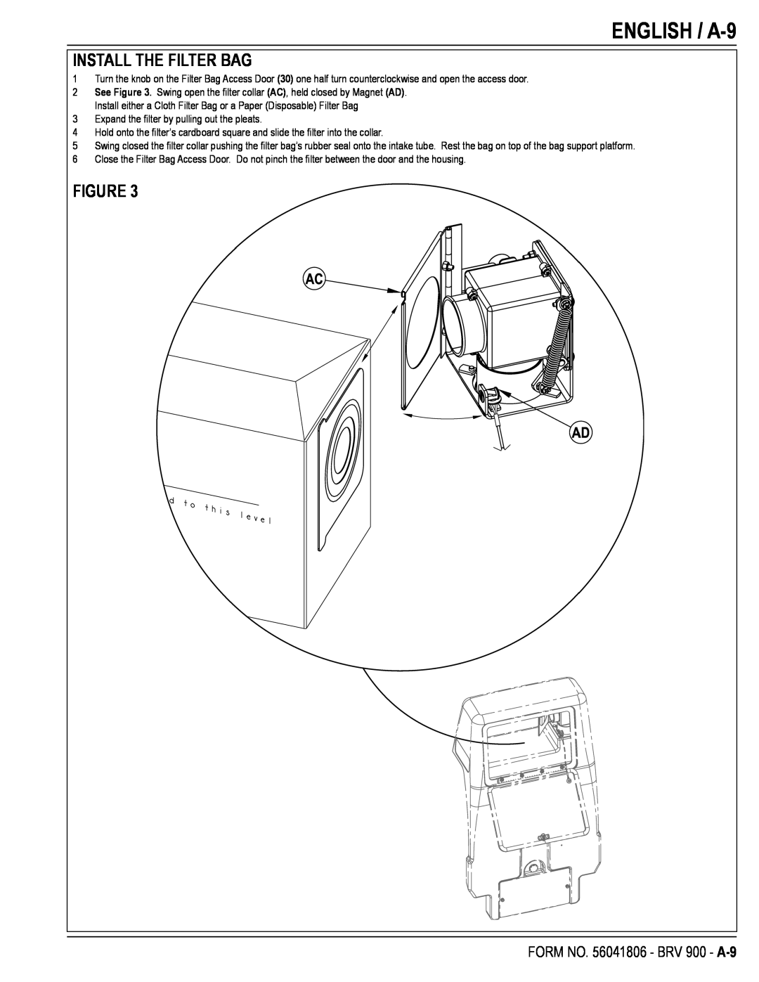 Nilfisk-Advance America manual ENGLISH / A-9, Install The Filter Bag, FORM NO. 56041806 - BRV 900 - A-9, Figure 