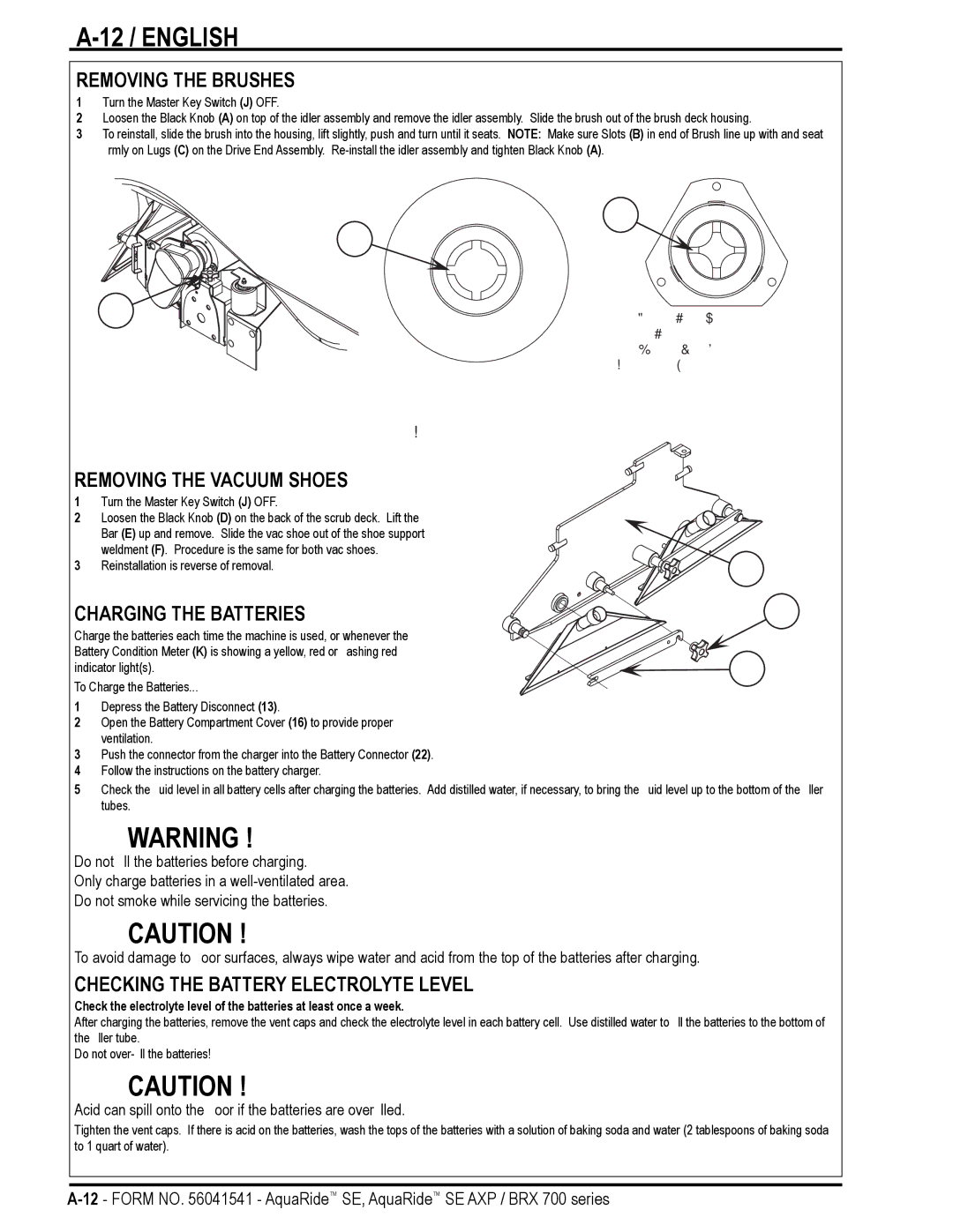 Nilfisk-Advance America BRX 700 Series manual 12 / English, Removing the Brushes, Removing the Vacuum Shoes 