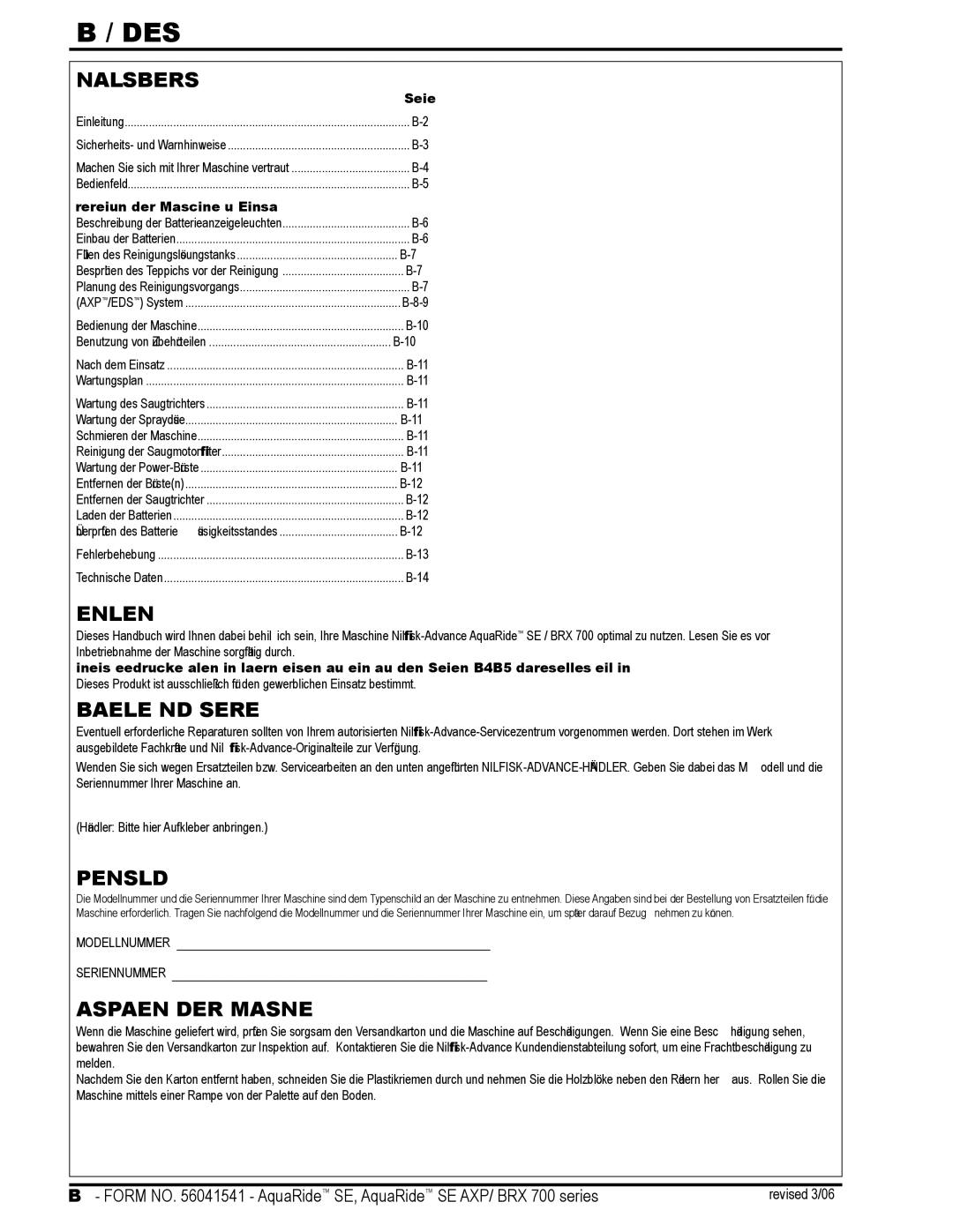 Nilfisk-Advance America BRX 700 Series manual Deutsch 