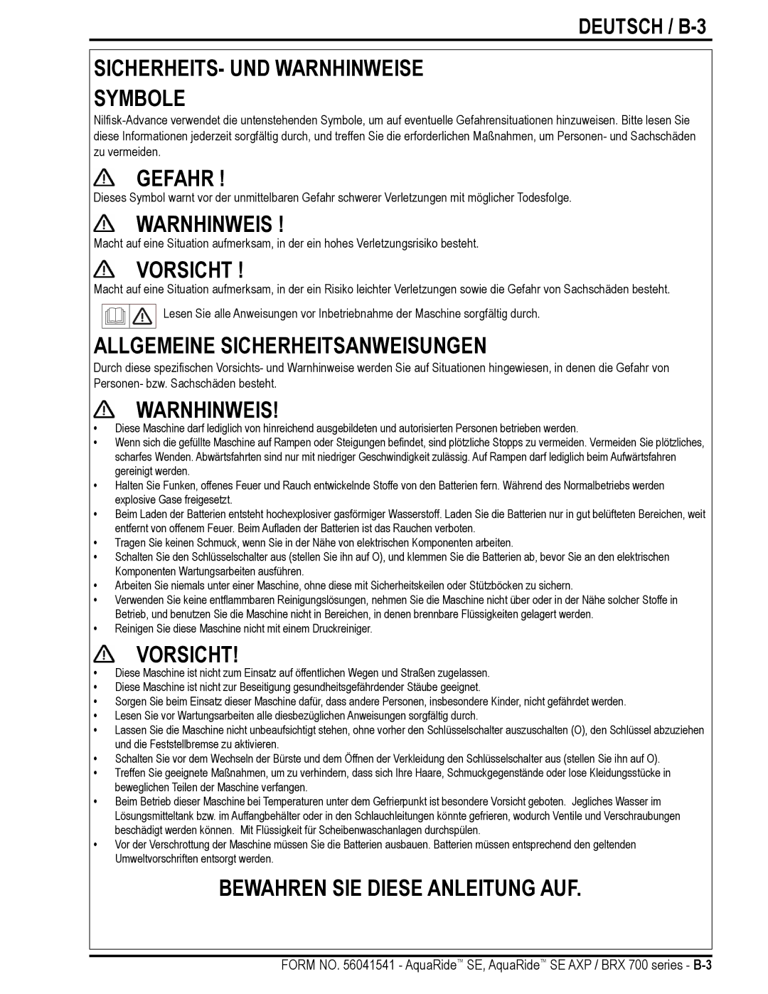 Nilfisk-Advance America BRX 700 Series manual SICHERHEITS- UND Warnhinweise Symbole, Deutsch / B-3 