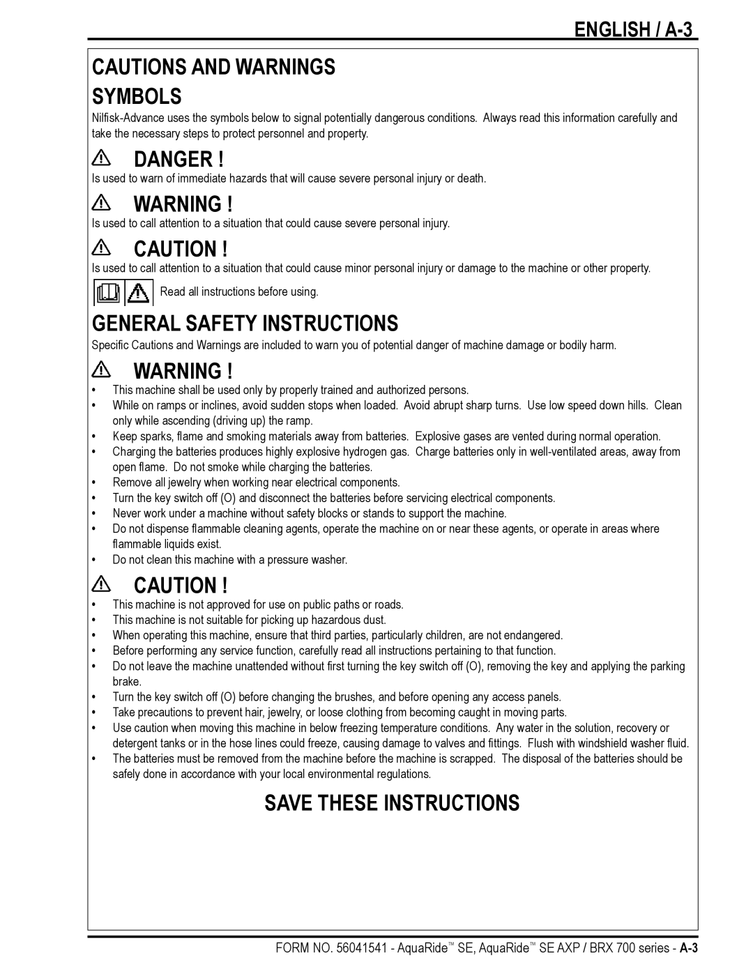 Nilfisk-Advance America BRX 700 Series manual Symbols, English / A-3 