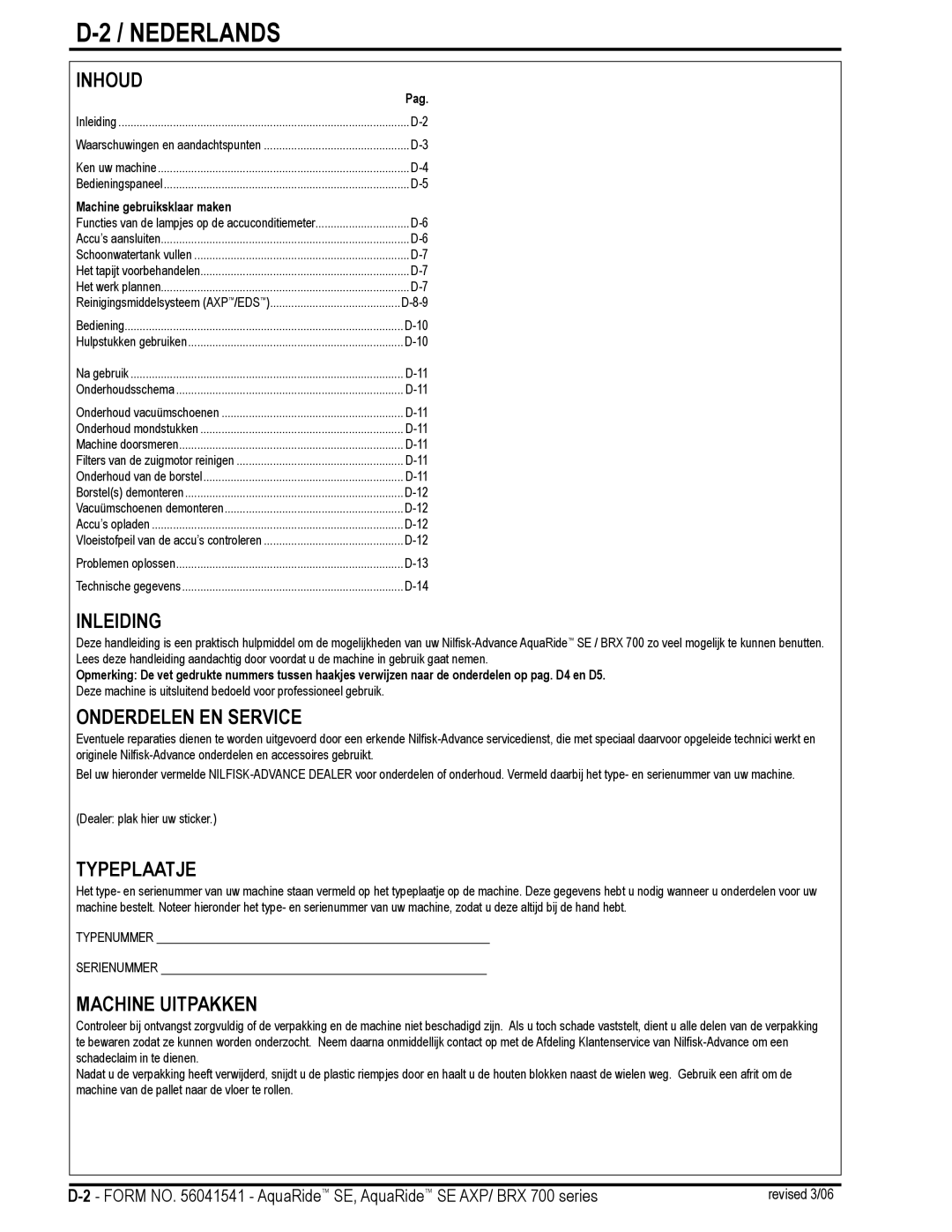 Nilfisk-Advance America BRX 700 Series manual Nederlands 