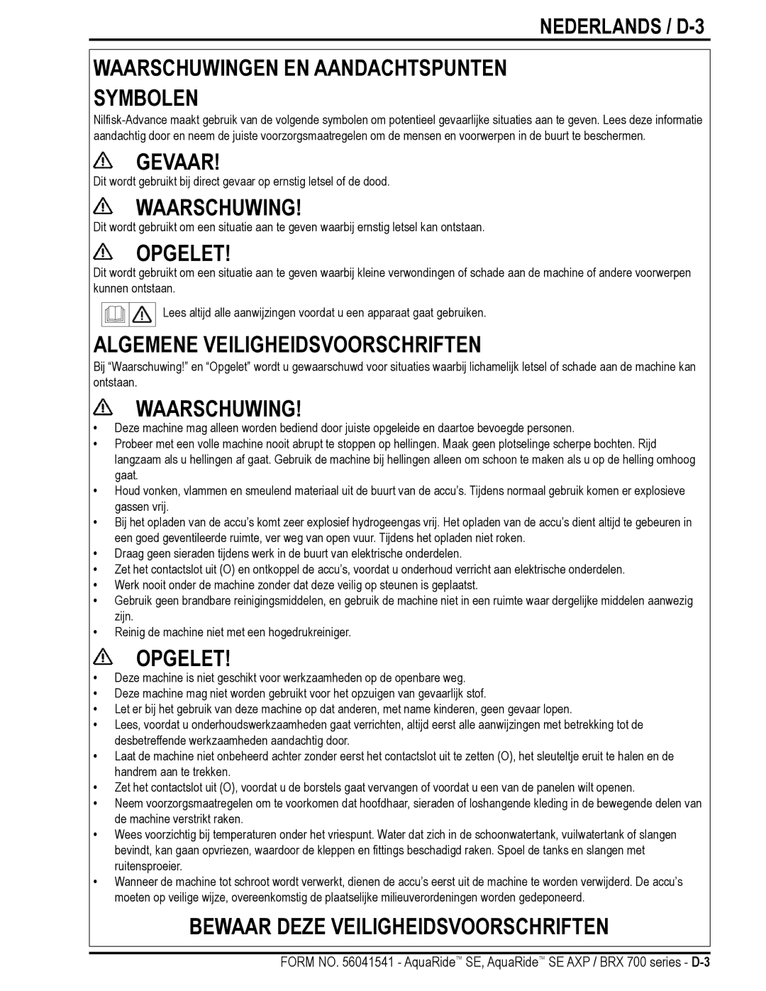 Nilfisk-Advance America BRX 700 Series manual Waarschuwingen EN Aandachtspunten Symbolen, Nederlands / D-3 