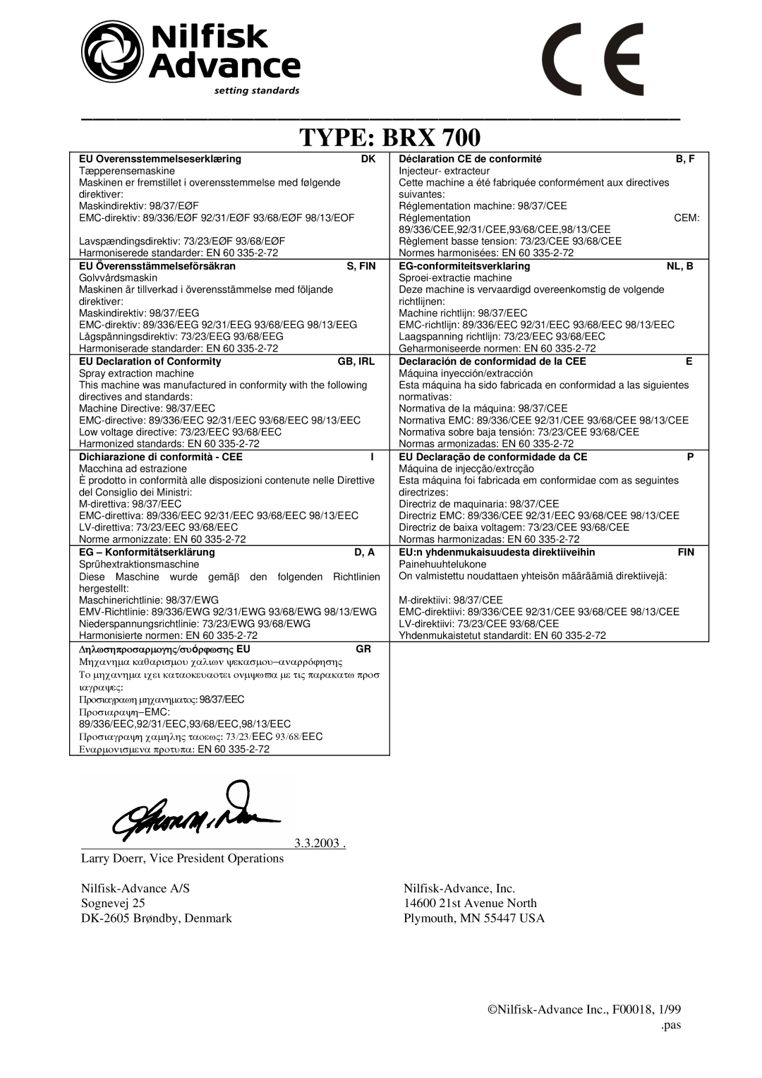 Nilfisk-Advance America BRX 700 Series manual Fin, Nl, B, Gb, Irl 