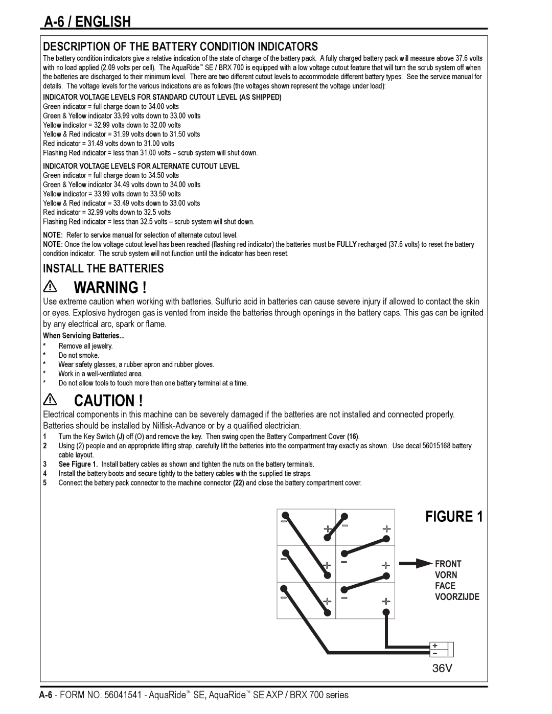 Nilfisk-Advance America BRX 700 Series manual Description of the Battery Condition Indicators, Install the Batteries 