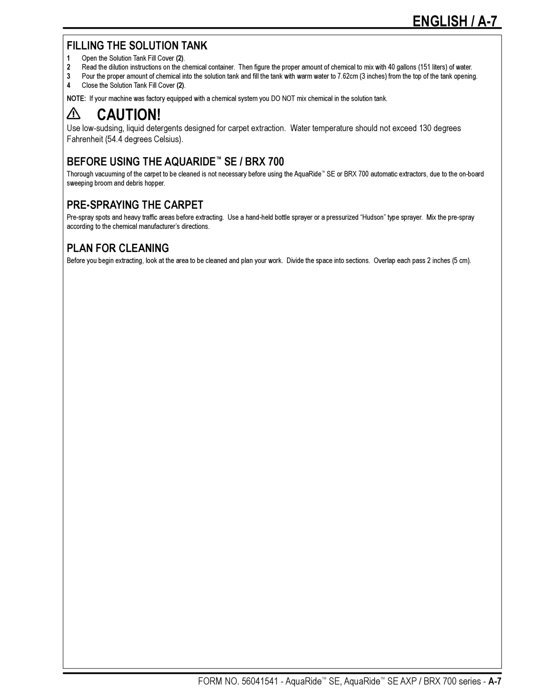 Nilfisk-Advance America BRX 700 Series manual English / A-7, Filling the Solution Tank, Before Using the Aquaride SE / BRX 