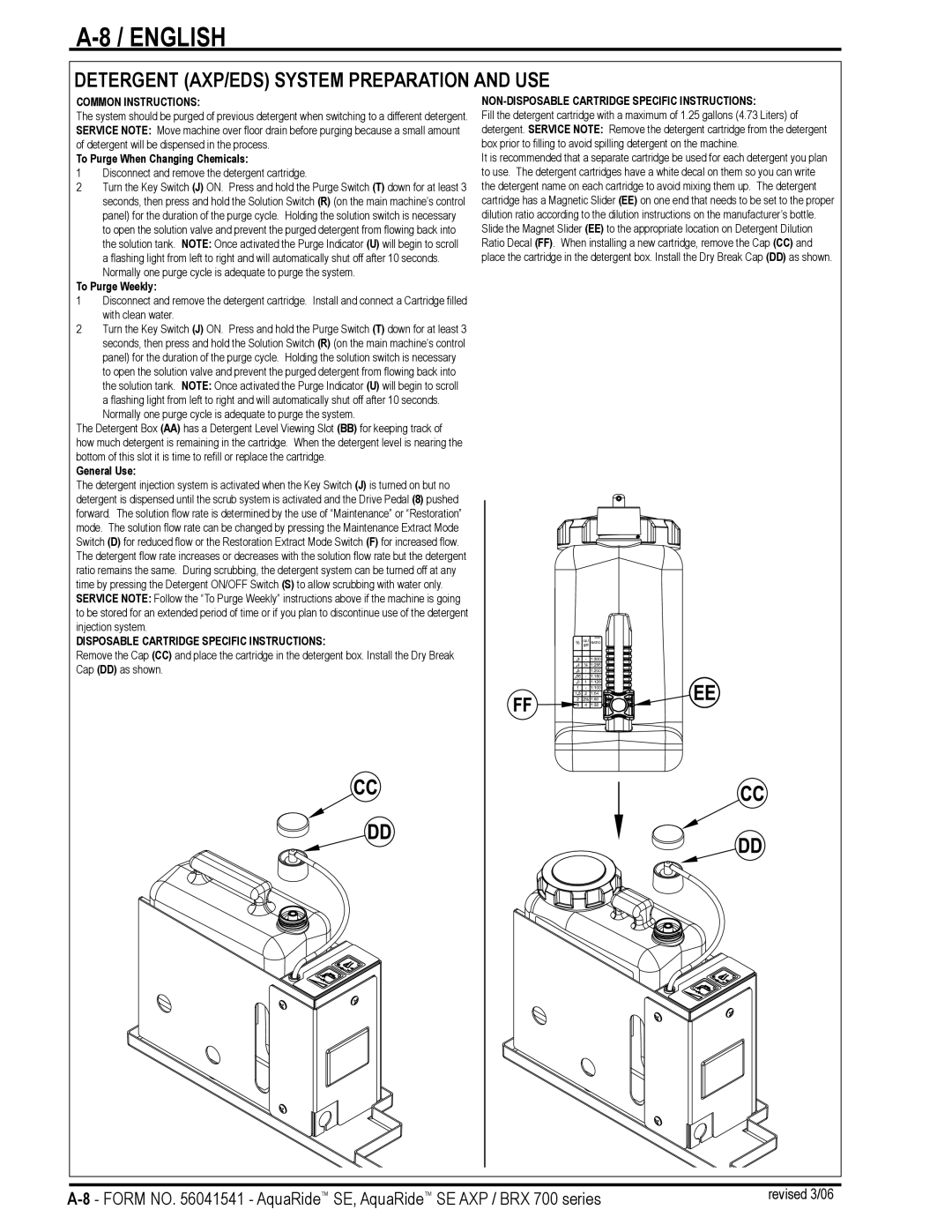 Nilfisk-Advance America BRX 700 Series manual Detergent AXP/EDS System Preparation and USE, Common Instructions 