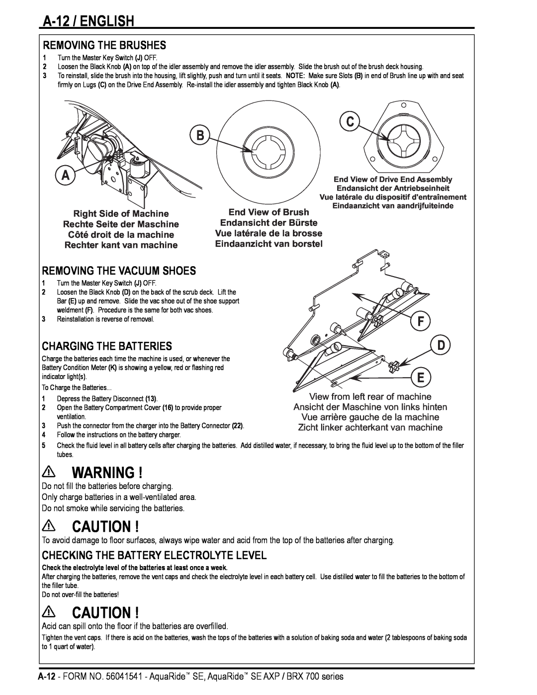 Nilfisk-Advance America BRX 700 Series manual A-12 / ENGLISH, Removing The Brushes, Removing The Vacuum Shoes 