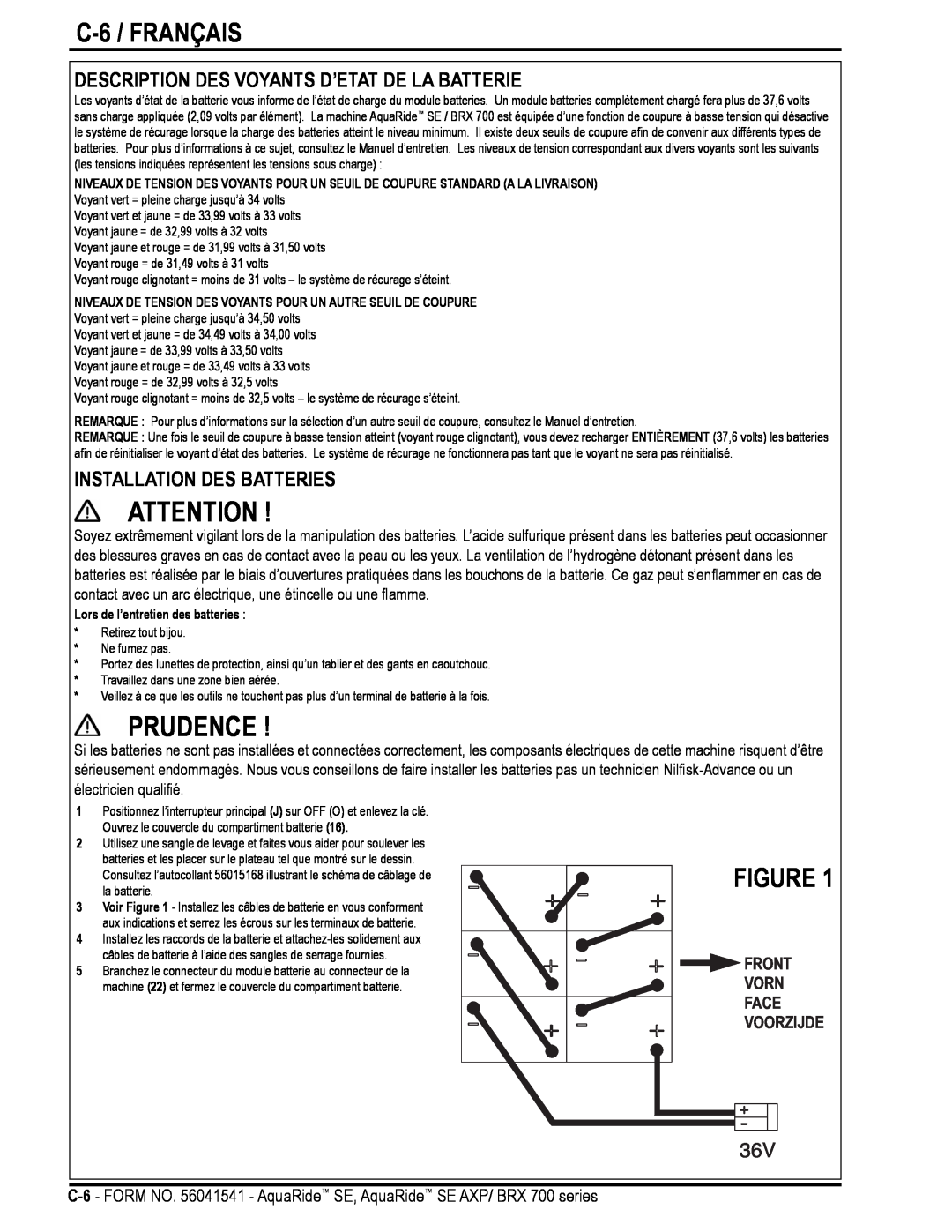 Nilfisk-Advance America BRX 700 Series manual C-6 / FRANÇAIS, Description Des Voyants D’Etat De La Batterie, Prudence 