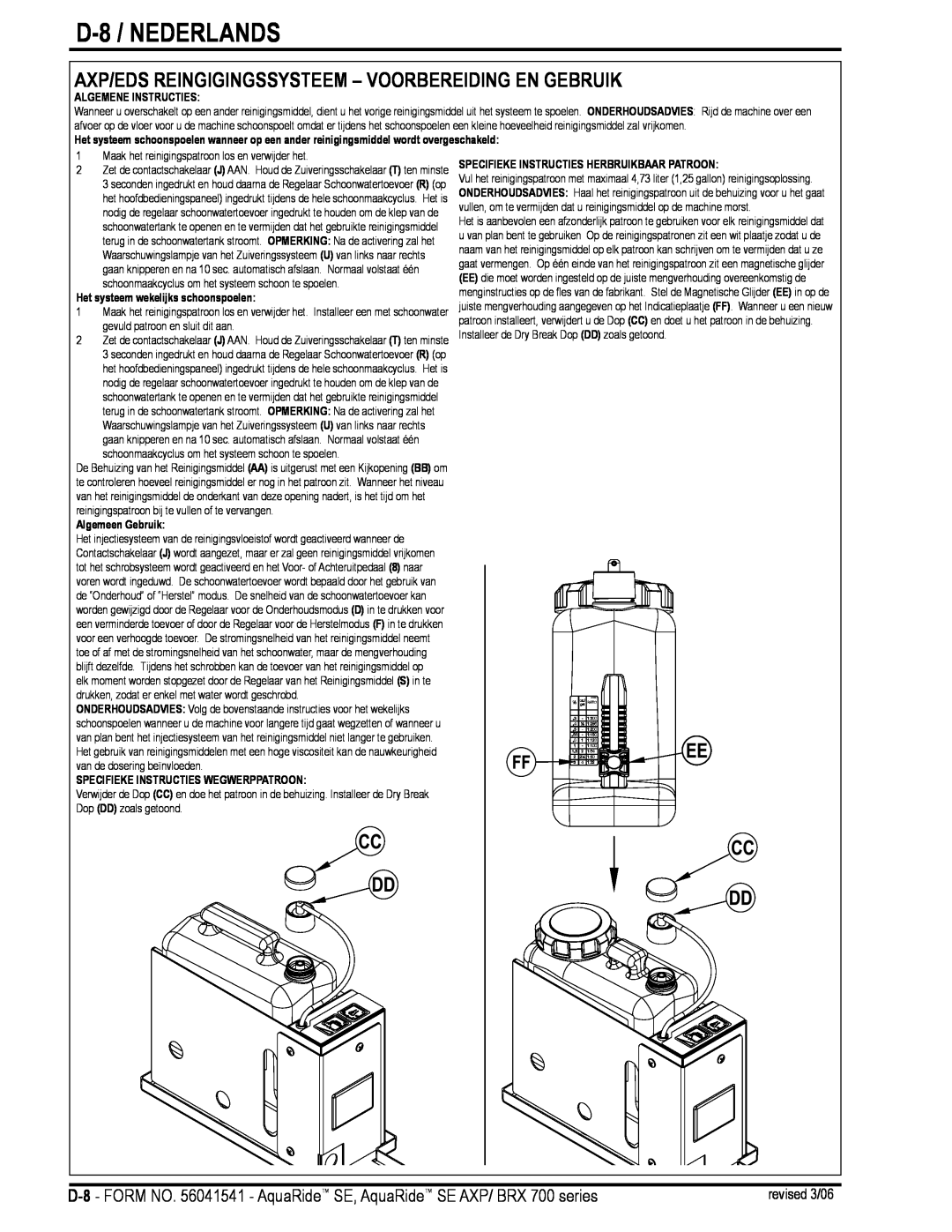 Nilfisk-Advance America BRX 700 Series manual D-8 / NEDERLANDS, Axp/Eds Reingigingssysteem - Voorbereiding En Gebruik 