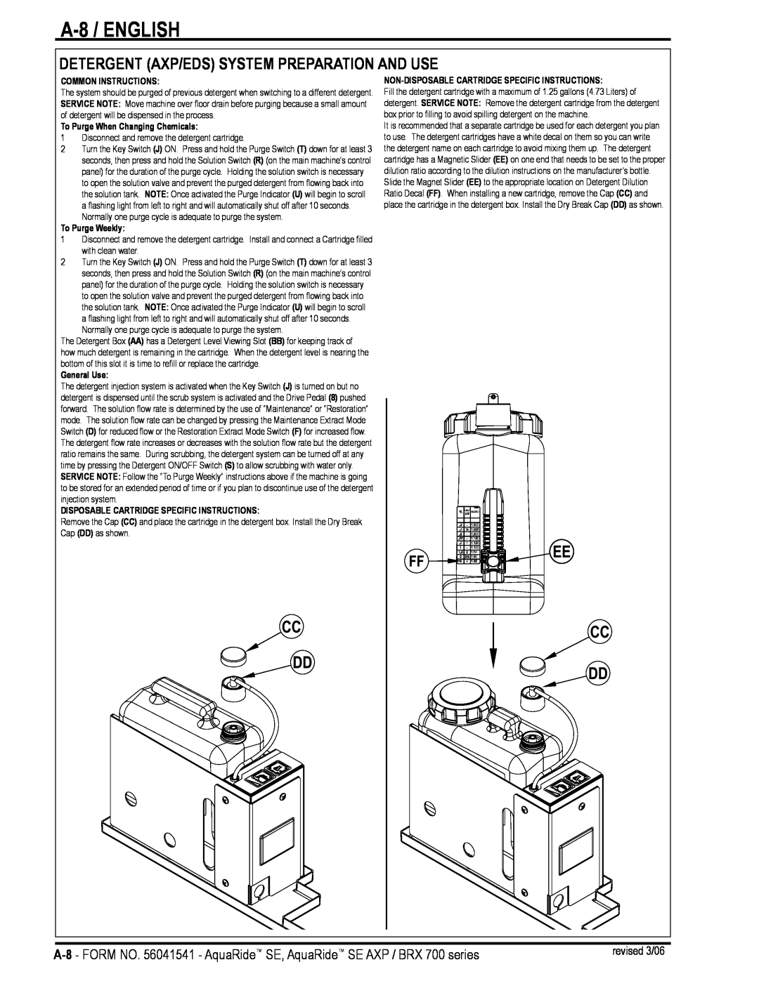 Nilfisk-Advance America BRX 700 Series A-8 / ENGLISH, Detergent Axp/Eds System Preparation And Use, Common Instructions 