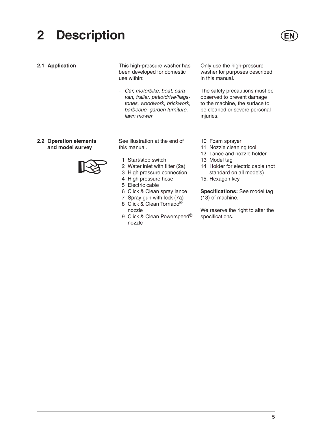 Nilfisk-Advance America C 110.3 X-TRA, C 100.5 user manual Description, Application, Operation elements, Model survey 